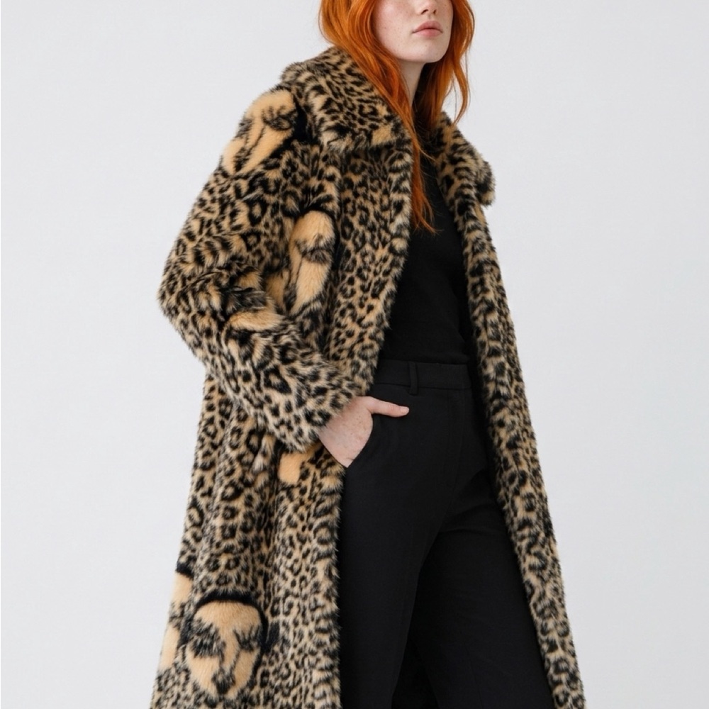 Shrimps Leopard-Print Faux Fur Pea Coat in Beige and Black